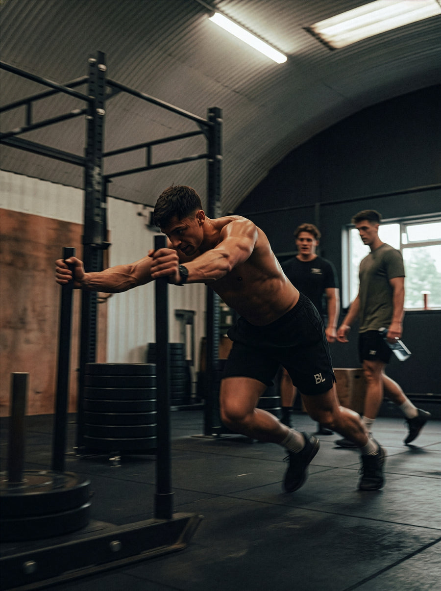 Funktionelles Sled Push Krafttraining. Hyrox Performance und Fokus, optimiert durch PHAIZE.