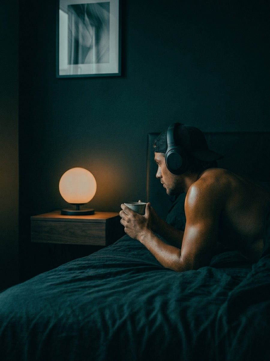 Sportler entspannt abends mit Kopfhörern im Bett. Tiefe Muskelregeneration für die Nacht mit dem PHAIZE Magnesium spray.